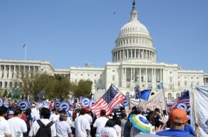 With the Capitol – home of the U.S. Congress in Washington D.C. – as backdrop, rallyists converge to push for the passage of the immigration reform bill, which was approved by the U.S. Senate on Thursday with a vote of 68-32. It will now move to the Republican-controlled House of Representatives, which may or may not vote on the bill. (Photo from the Reform Immigration for America Facebook Page)