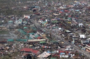 Aerial shot of the province of Leyte to personally assess the extent of damage brought by Super Typhoon Yolanda (Haiyan) on Sunday (November 10, 2013). Typhoon Yolanda, the world's most powerful typhoon in 2013, packing more than 300kph when it made landfall in Central Visayas Friday morning. (Photo by:Ryan Lim / Malacanang Photo bureau)