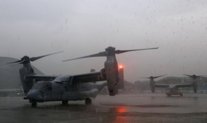 Two U.S. Marines V-22 Ospreys, ferrying personnel to help in the relief efforts in Tacloban City, are seen on the tarmac at Villamor Air Base in Manila November 13, 2013. Philippine officials have been overwhelmed by Haiyan, one of the strongest typhoons on record, which tore through the central Philippines on Friday and flattened Tacloban, coastal capital of Leyte province where officials had feared 10,000 people died, many drowning in a tsunami-like wall of seawater. (MNS photo)