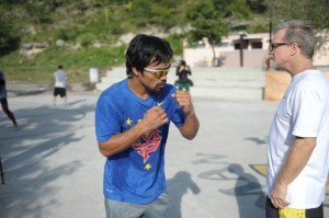 Manny Pacquiao (left) trains with his mentor Freddie Roach for his clash against Brandon Ríos on Nov. 24 (No. 23 in U.S.) in Macau. Photo Credit: Denmark Dolores