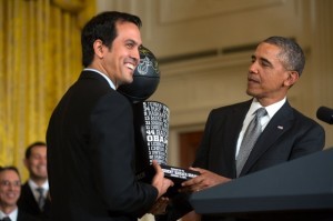 Miami Heat Coach Erik Spoelstra presents President Barack Obama with a team trophy to honor the 2013 NBA Champion Miami Heat on winning their second-straight Championship title, in the East Room of the White House, Jan. 14, 2014. (Official White House Photo by Lawrence Jackson)