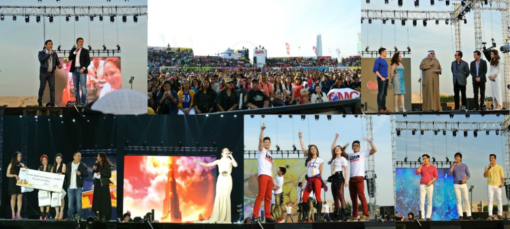(Clockwise from top left): Martin Nievera and Gary Valenciano sang of giving back and lending a helping hand as part of the TFC Kapamilya spirit; Crowd estimates of 16,000-18,000 trooped to Dubai Festival City to watch the show; OSN Chairman and KIPCO Vice Chairman Faisal Al Ayyar, ABS-CBN Corporation Chairman Gabby Lopez and ABS-CBN Global COO Raffy Lopez announced the exclusive partnership between ABS-CBN TFC and OSN in the region as hosts Luis Manzano, Kris Aquino and Toni Gonzaga looked on; Leftmost, Ana Blaza of UAE held her check after winning TFCKat ME; Angeline Quinto typified the world-class performances that pervaded the back-to-back shows; Rayver Cruz, Kim Chiu, Maja Salvador and Enchong Dee perform one of the high octane dance numbers; Richard Yap, Piolo Pascual and Jericho Rosales had the crowd swooning as they serenaded with love songs.