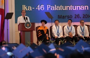 President Benigno S. Aquino III delivers his speech during the 46th Commencement Exercises and 50th Founding Anniversary of the Philippine Science High School (PSHS) at the HS Main Campus, PSHS Multi-Purpose Gymnasium in Agham Road, Diliman, Quezon City on Wednesday (March 26, 2014).