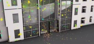 Visual aid portraying bacterial community distribution This particular image shows the microbes that follow people as they pass into a hotel. ©Image from video courtesy of DOE/Argonne National Laboratory