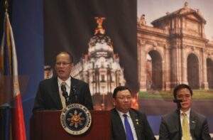 Philippine Aquino delivers his message during his meeting with the Filipino community at the Colegio Nuestra Senora de las Maravillas in Madrid, Spain, on Sunday, September 14, 2014, at the sidelines will first visit Spain, then proceed to Belgium, France and Germany for two days each. In New York City, President Aquino will highlight the country's vulnerability to weather disturbances as well as the Philippine government's initiatives in addressing climate change when he attends the Climate Summit 2014 in New York on September 23 (MNS photo)