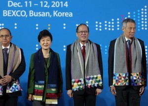 (BUSAN, South Korea) President Benigno S. Aquino joins other leaders of ASEAN Member States (AMS) for the Leaders Group Photo during the 25th ASEAN-Republic of Korea Commemorative Summit 2014 at the Convention Hall of the Busan Exhibition and Convention Center (BEXCO) on Friday (December 12, 2014). With theme: “Building Trust, Bringing Happiness,” reflecting ROK’s commitment to strengthen its relationship with ASEAN through trust, which should result in happiness for the citizens of ASEAN and the ROK. The Summit covers the review of the ASEAN-ROK cooperation and its future direction, and the cooperation on non-traditional security issues with emphasis on climate change and disaster risk management. Also in photo are Republic of the Union of Myanmar President U Thein Sein, Korean President Park Geun-Hye and Republic of Singapore Prime Minister Lee Hsien Loong. (MNS Photo)