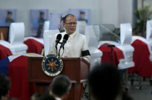 President Benigno S. Aquino III delivers his message during the Necrological Service for the fallen Philippine National Police-Special Action Force (PNP-SAF) Troopers at the NCRPO Multi-Purpose Center of Camp Bagong Diwa in Bicutan, Taguig City on Friday (January 30). (MNS photo)