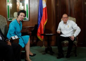 President Benigno S. Aquino III exchanges pleasantries with Her Royal Highness Princess Anne, the Princess Royal of the United Kingdom of Great Britain and Northern Ireland during the courtesy call at the Music Room of the Malacañan Palace on Tuesday (March 17, 2015). Her visit is in connection with her charity and various humanitarian works. She has been President of Save the Children for more than four decades and an active advocate of children’s rights and protection. This is the second trip of Her Royal Highness to the Philippines. The first was in March 1999. The Princess Royal is the second child and only daughter of Queen Elizabeth II and The Duke of Edinburgh. Before receiving the title Princess Royal from her mother in June 1987, she was known as Princess Anne. The Princess Royal heads about 320 organizations. (MNS Photo)