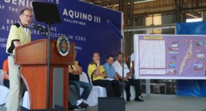 President Benigno S. Aquino III delivers his speech during the project briefing on the major infrastructure projects in the Province of Cebu at the Equipment Management Division of the Department of Public Works and Highways (DPWH) Region VII in Sergio Osmena Boulevard corner V. Sotto, Cebu City on Monday (August 24, 2015). (MNS Photo)