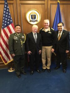 Ambassador Jose L. Cuisia, Jr. with Rear Admiral Philip Gardner Howe III, President of the US Naval War College. Also in photo are Col. Orlando M. Suarez (leftmost) of the Defense and Armed Forces Affairs Office, Philippine Embassy in Washington, D.C., and Consul General Mario L. De Leon, Jr. (rightmost), Philippine Consulate General in New York. Photo courtesy of Col. Orlando M. Suarez.
